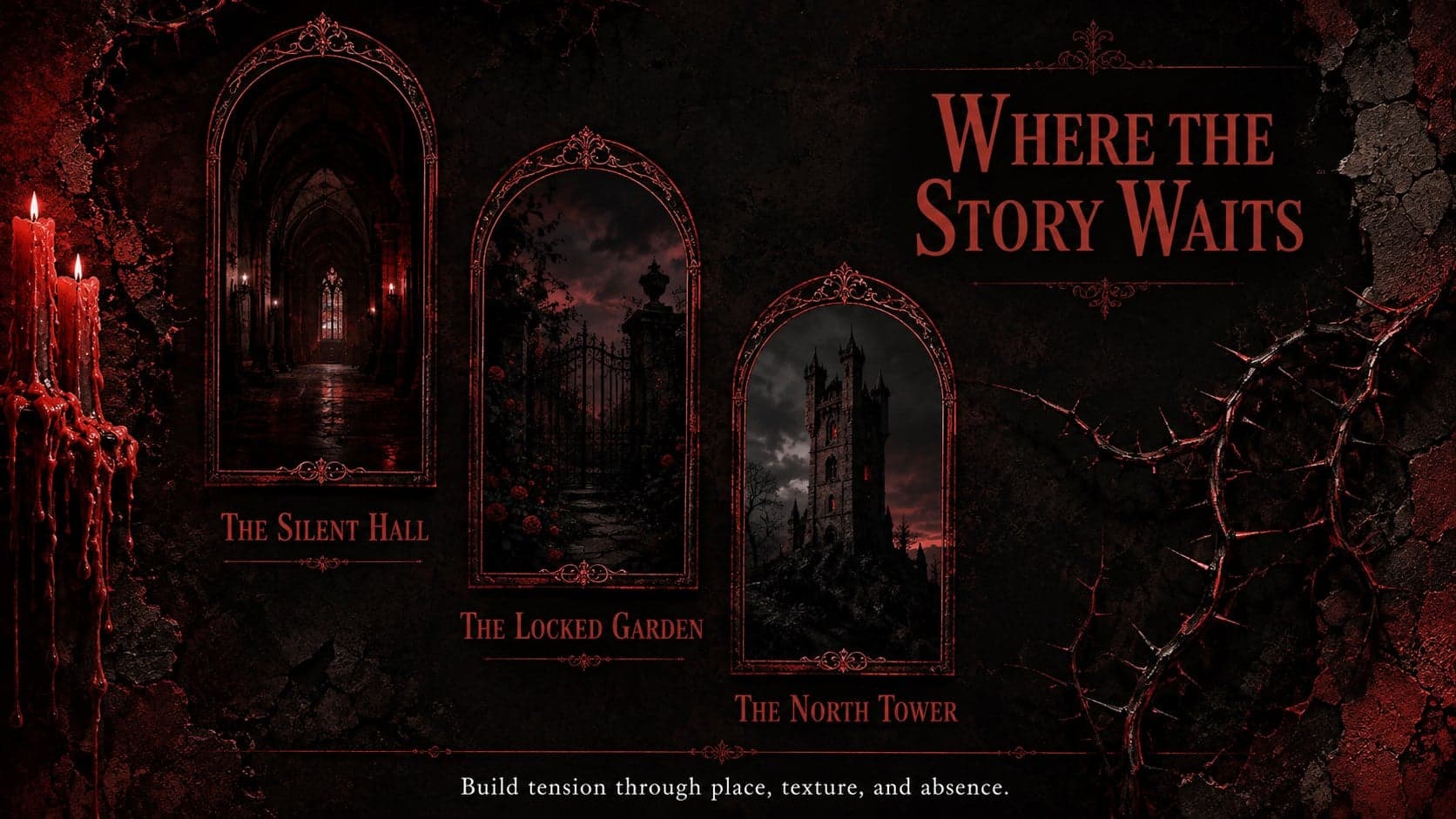 Vintage gothic presentation slide displaying three shadowy setting details with crimson labels.