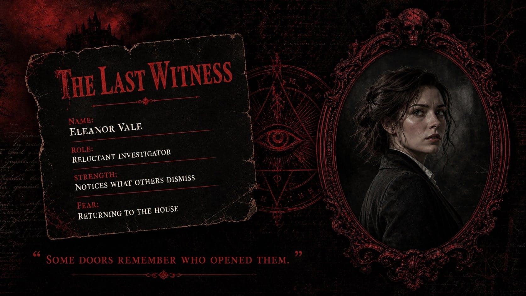 Horror movie pitch presentation slide with an original character profile and gothic dossier styling.