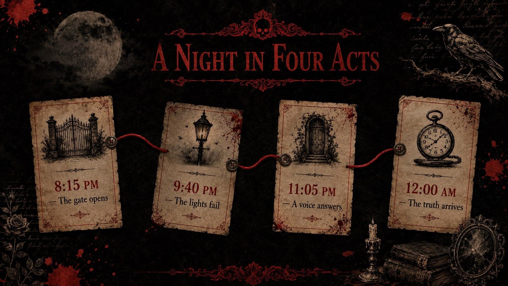 Haunted story slide showing a four-stage suspense timeline in distressed crimson and black.