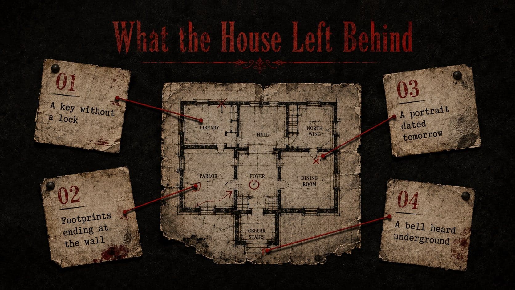 Grunge mystery PowerPoint template layout organizing four clues around an antique map fragment.