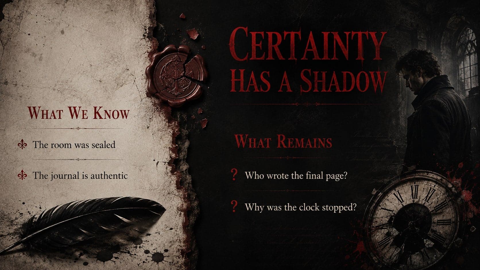 Cinematic horror title slide contrasting known facts and unanswered questions in a split layout.