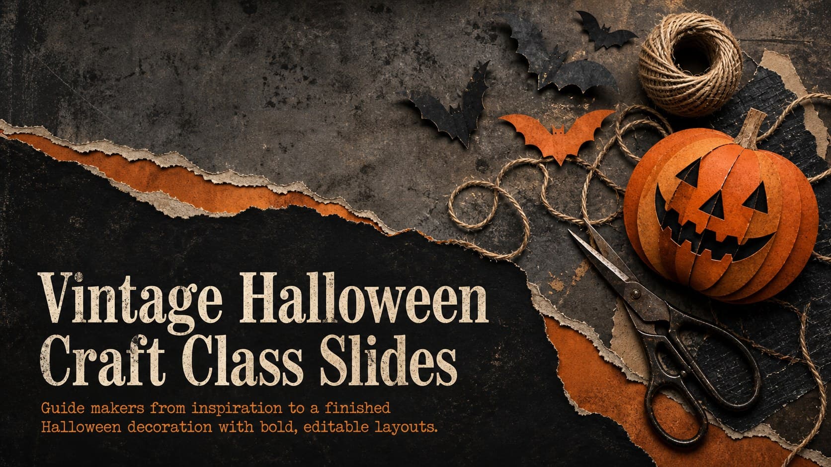 Cover for Vintage Halloween Craft Class Slides with distressed orange paper, black lettering and handmade decoration motifs.