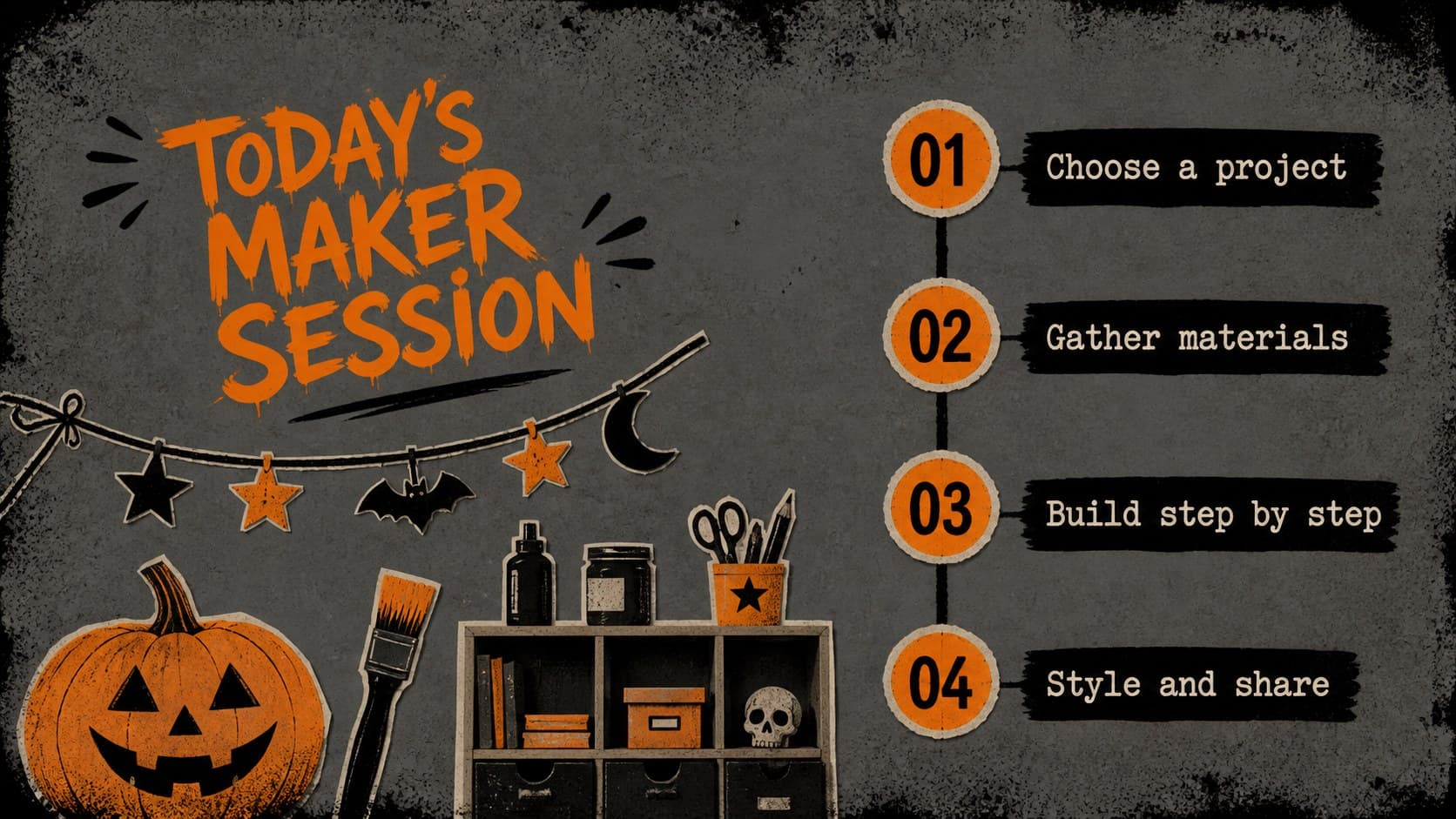 Halloween craft workshop presentation agenda arranged as four numbered steps on a distressed grey and orange layout.
