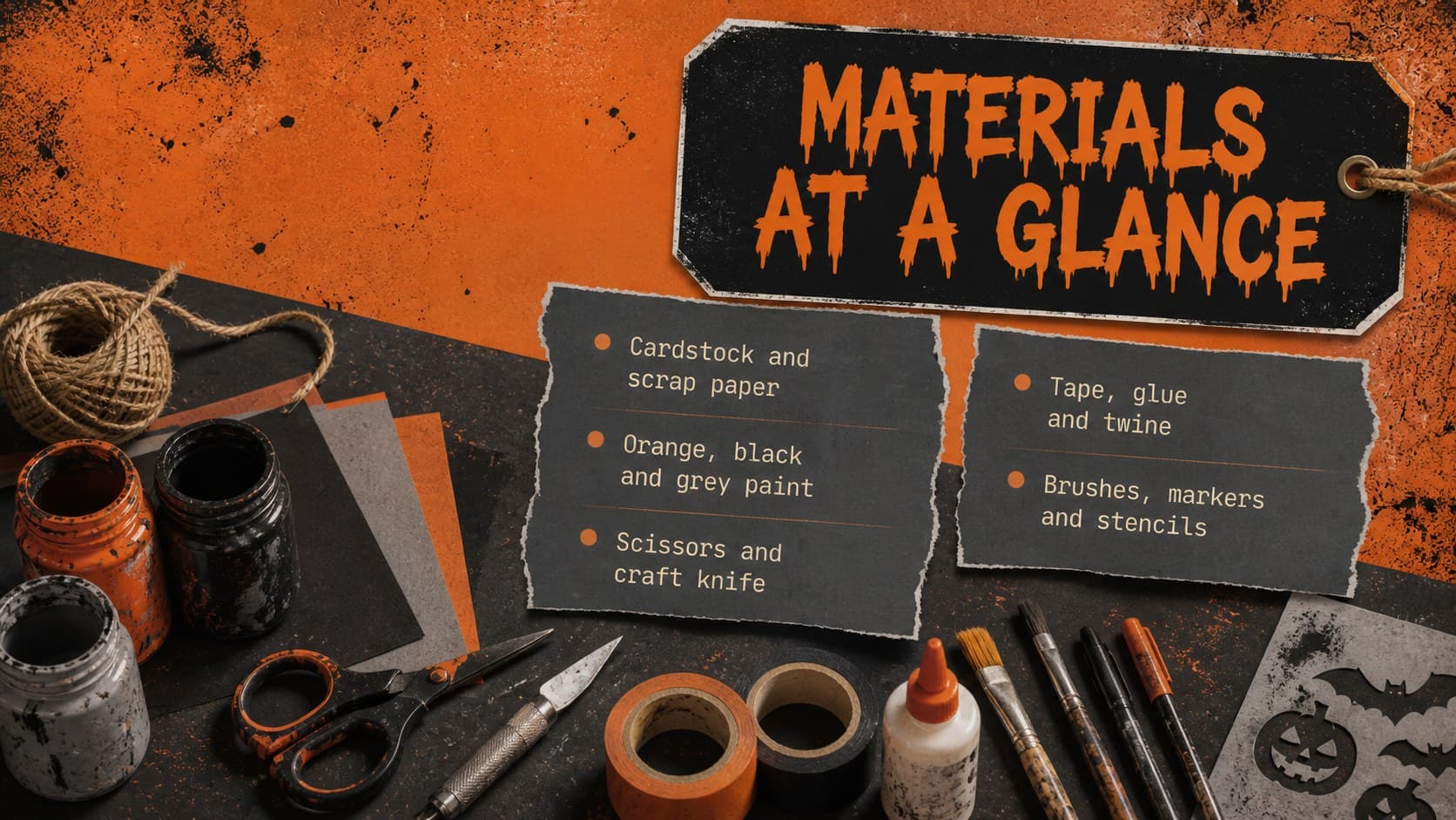 Vintage Halloween DIY lesson slide listing essential craft materials beside original paper-cut supply illustrations.