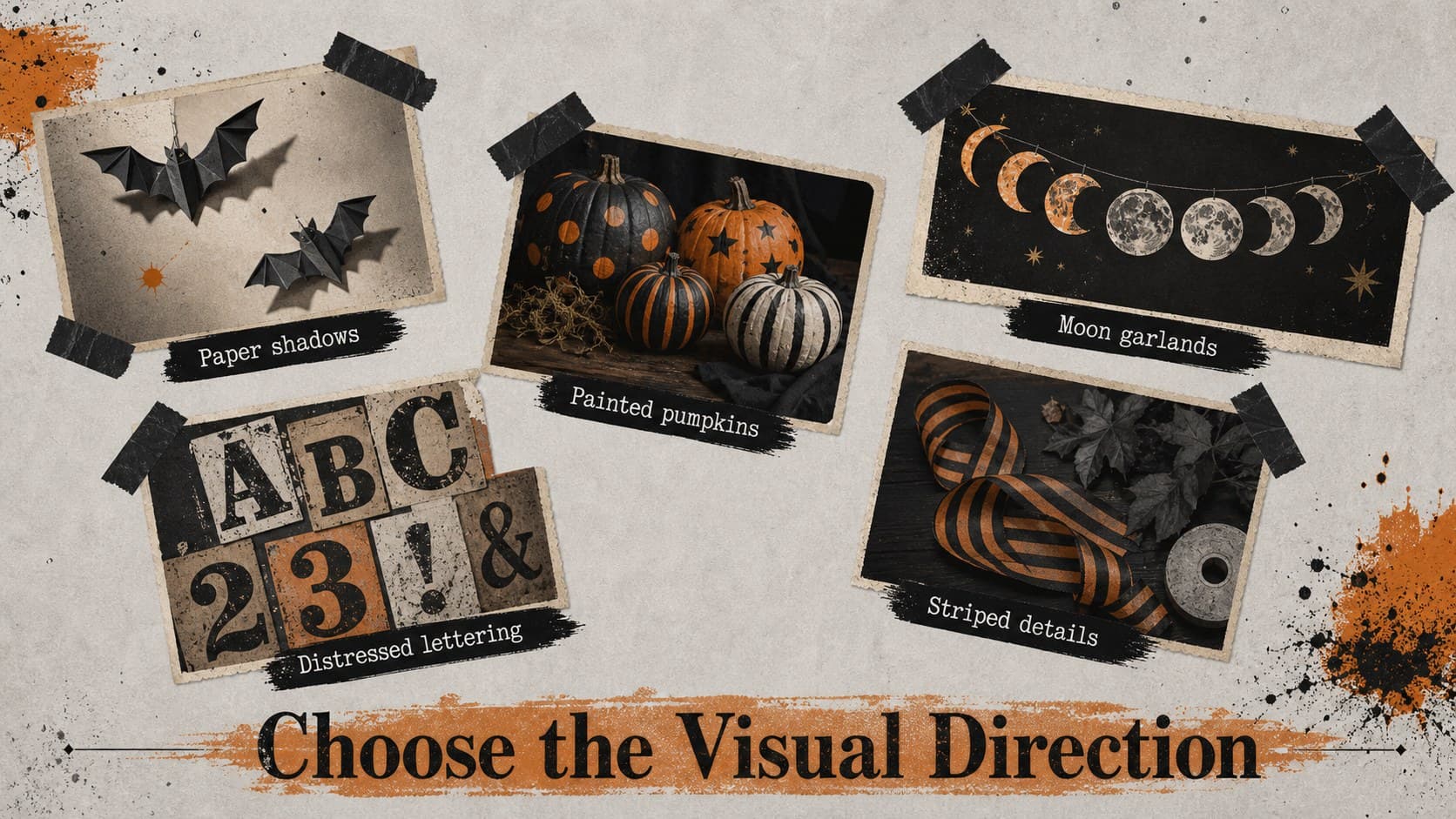 Orange and black Halloween activity deck mood board featuring paper bats, pumpkins, garlands and distressed textures.