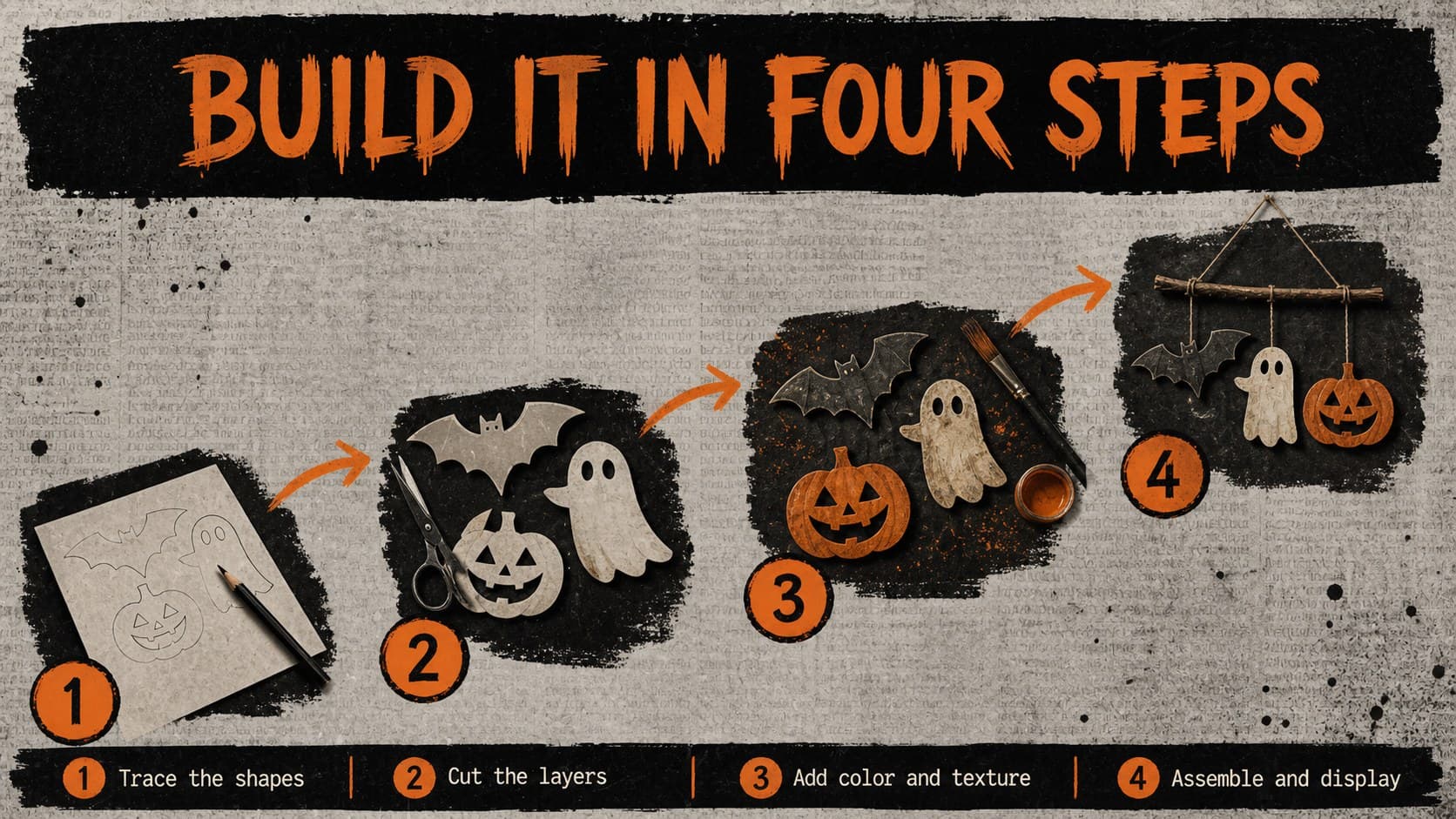 Spooky DIY activity presentation showing a four-stage Halloween decoration process with numbered craft diagrams.