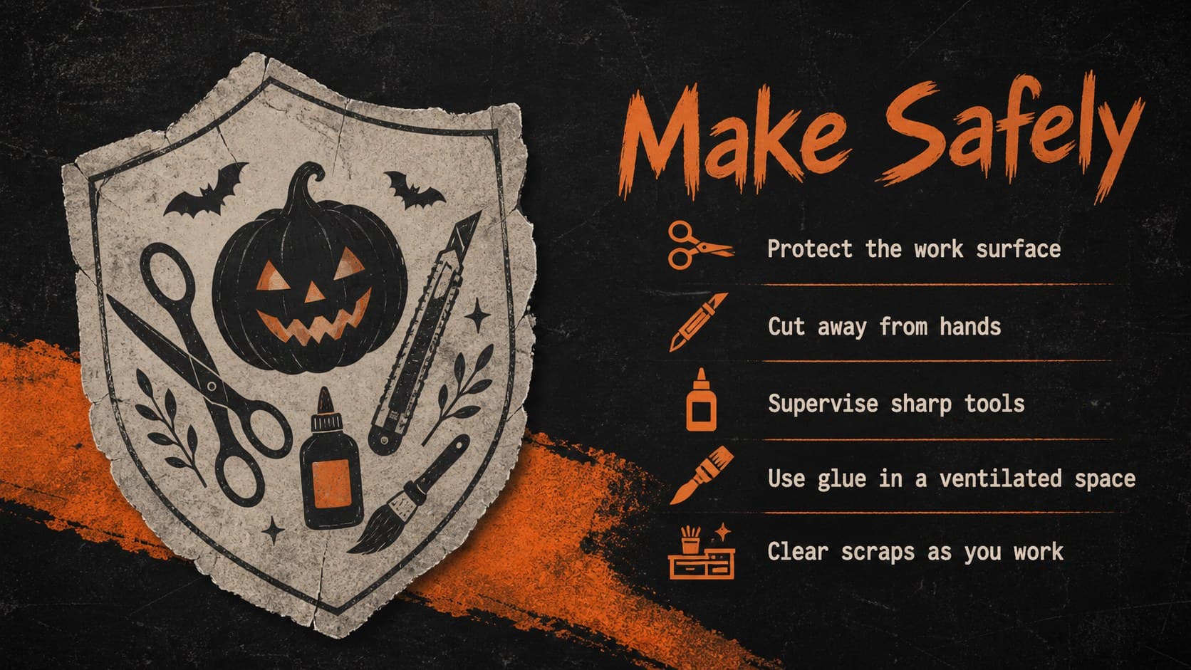 Seasonal classroom craft presentation slide with practical safety rules and contrasting tool icons.