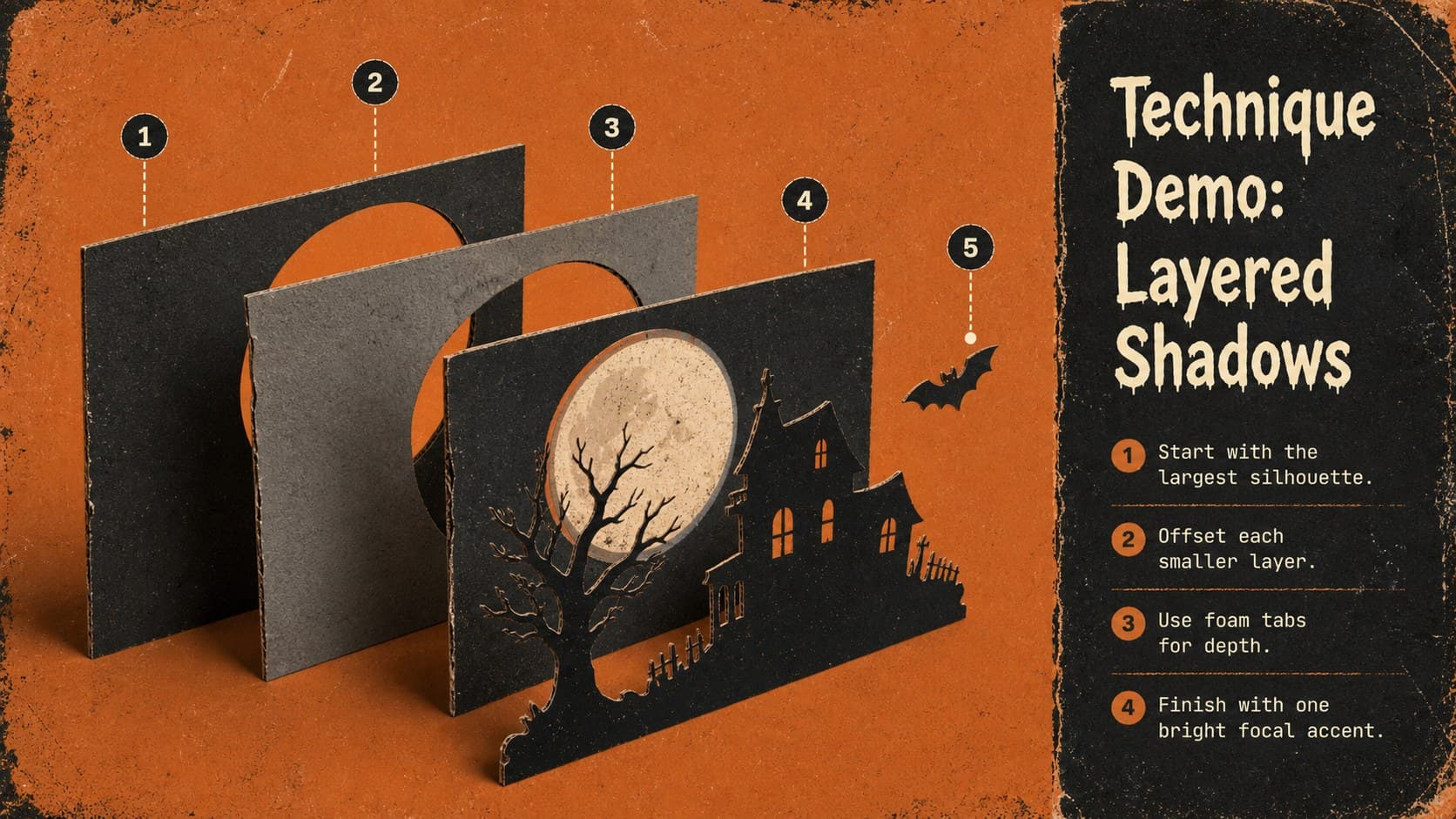 Halloween craft workshop presentation demo slide explaining how to create layered paper shadows.