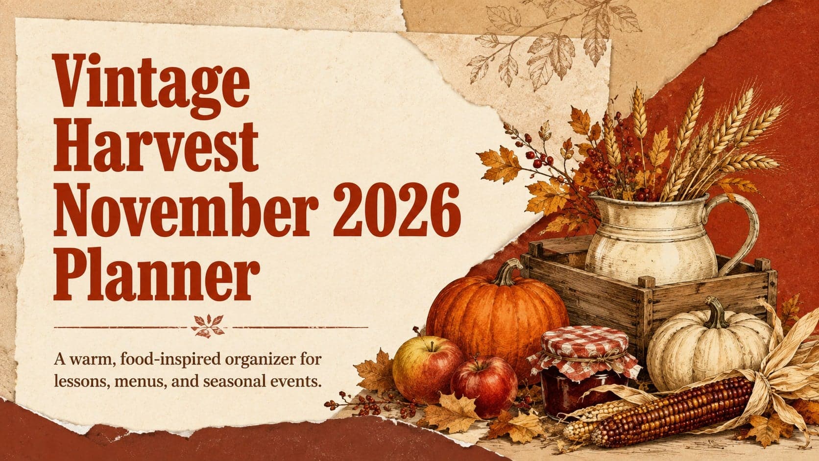Cover of the Vintage Harvest November 2026 Planner with red and brown food-inspired autumn graphics.