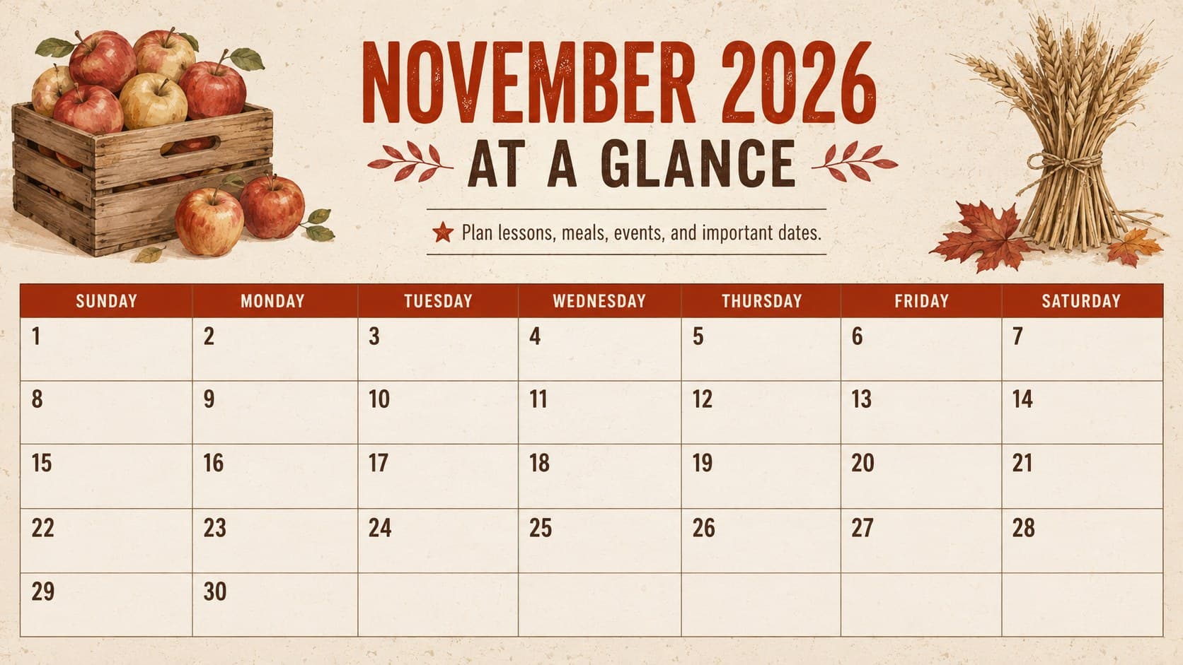 November 2026 monthly calendar slide with a vintage harvest palette and clearly dated planning grid.