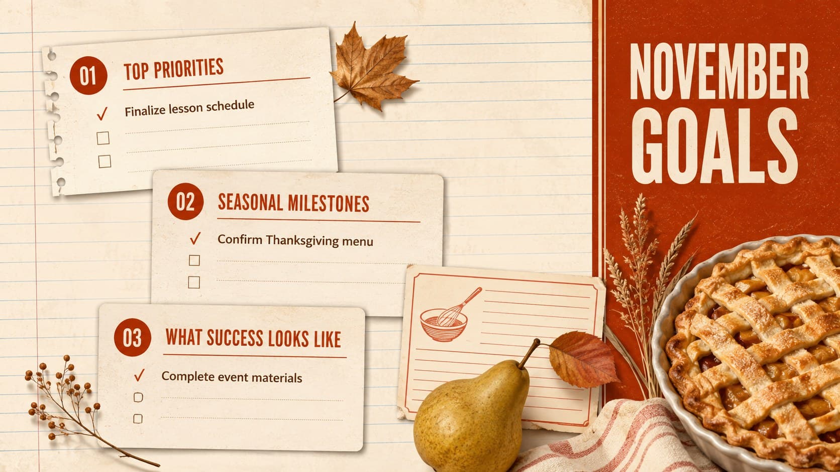 Seasonal goals page from a November 2026 planner template with priorities and milestone sections.