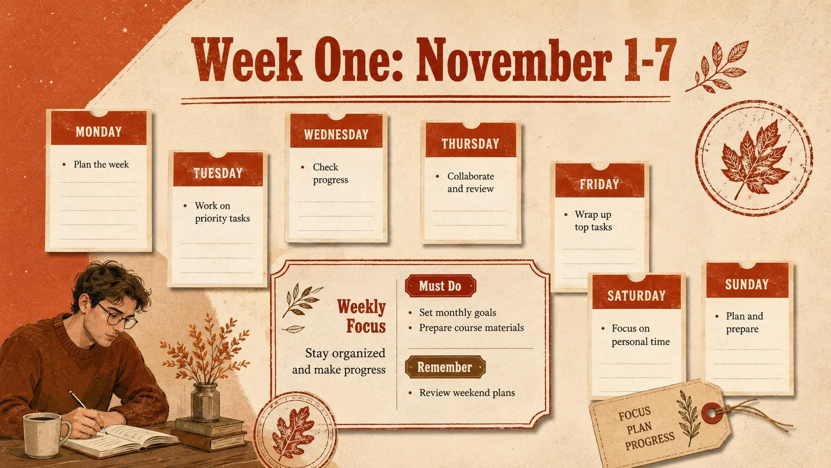 First-week November planning slide with daily priorities in a red and brown vintage calendar style.