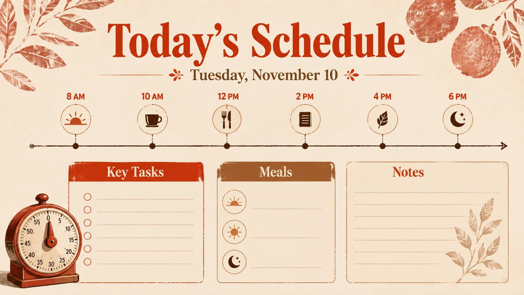 Fall daily schedule presentation page with timed appointments, tasks, meals, and notes.