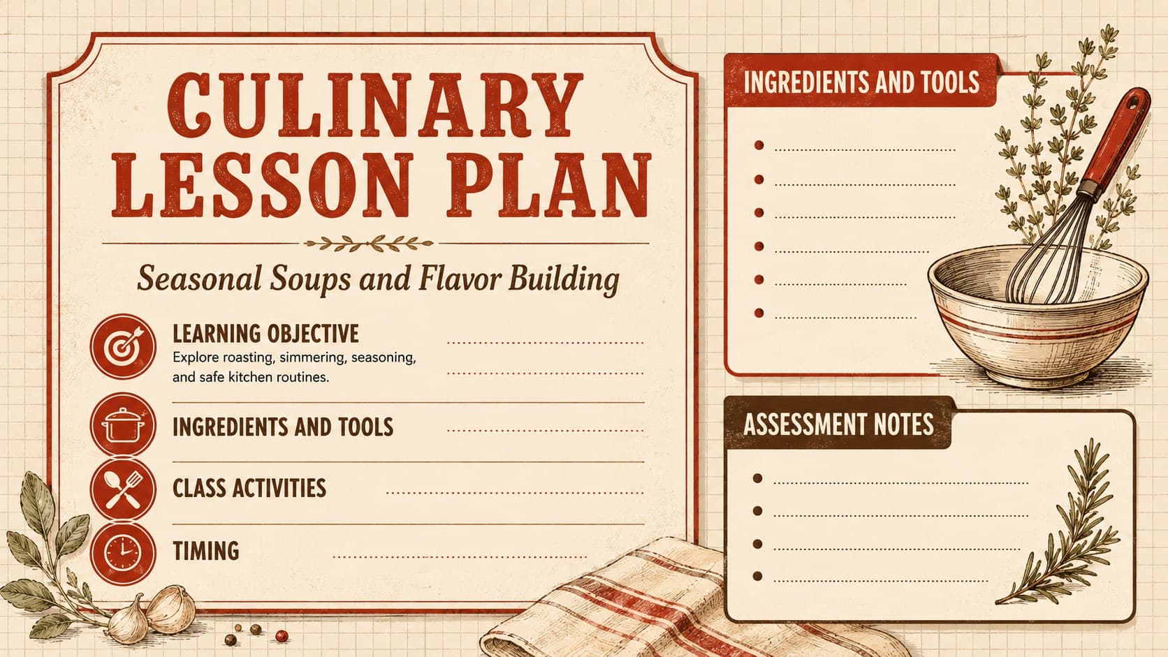 Culinary lesson planner PowerPoint layout with objectives, materials, activities, and assessment notes.