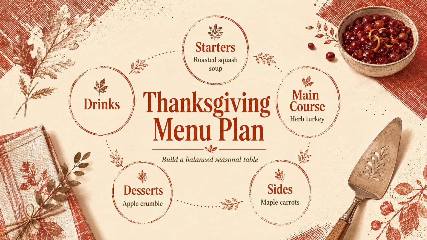 Thanksgiving menu planning presentation with sections for starters, mains, sides, desserts, and drinks.