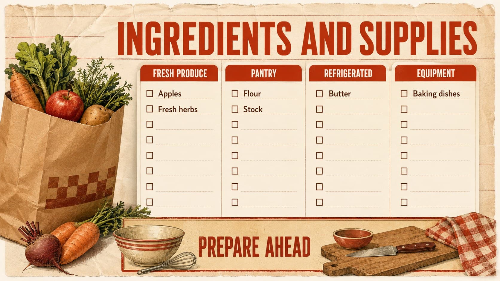 Vintage Thanksgiving ingredient checklist with categorized shopping items and preparation notes.