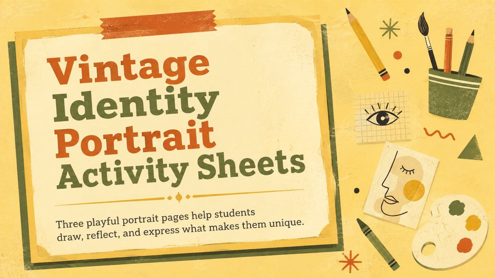 Cover for Vintage Identity Portrait Activity Sheets featuring a yellow retro classroom art design.