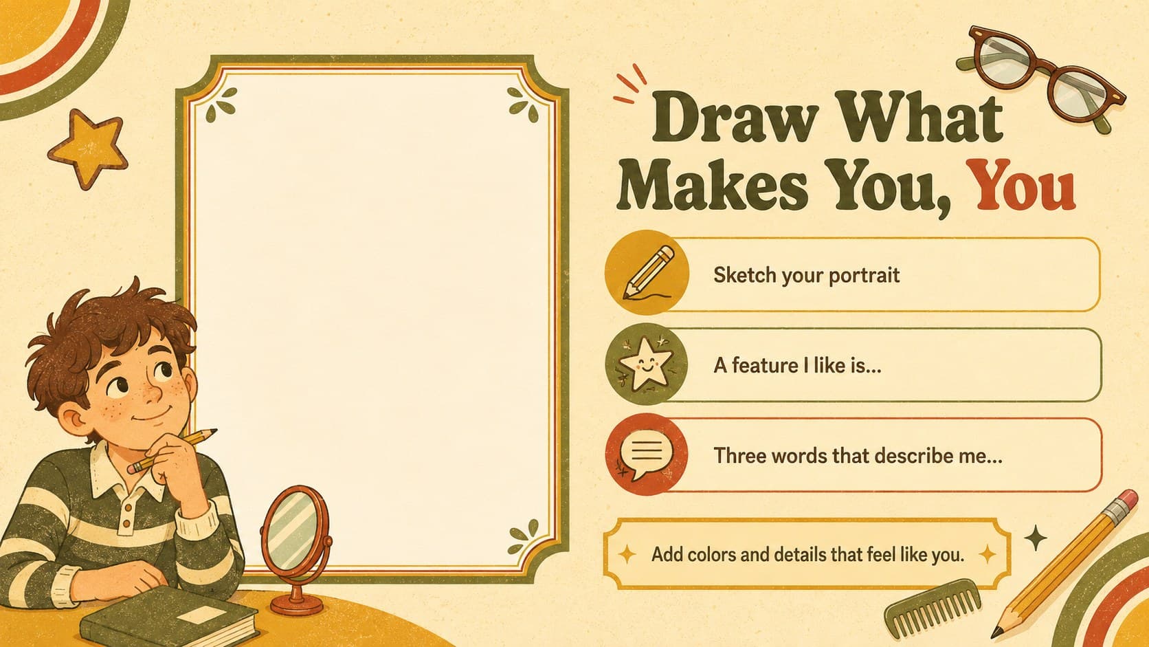 Editable self portrait worksheet with a drawing frame and short prompts about personal features.