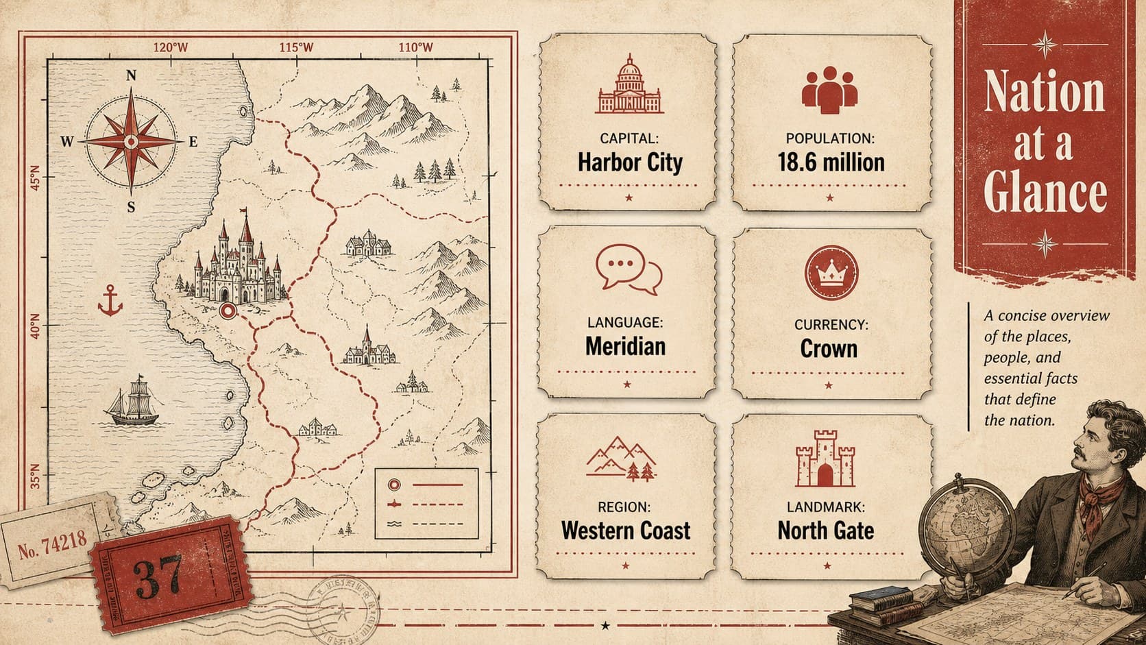 Country facts presentation template showing a map, capital, population, language, currency, and landmark statistics.