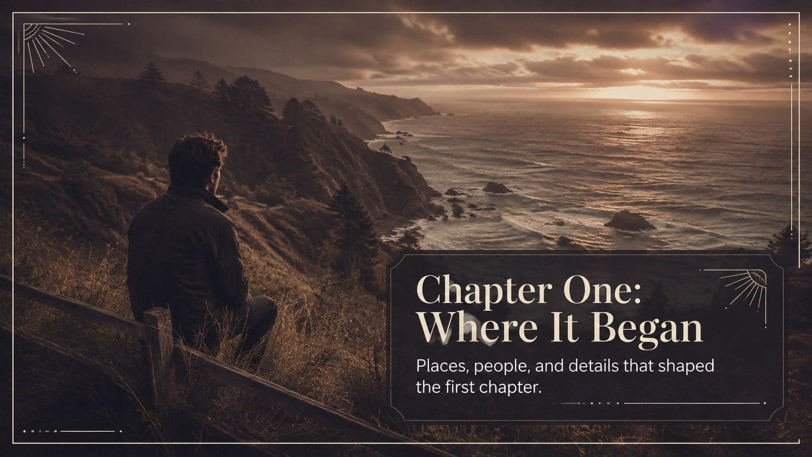 Full-bleed photographic chapter divider for a reflective storytelling PowerPoint template.