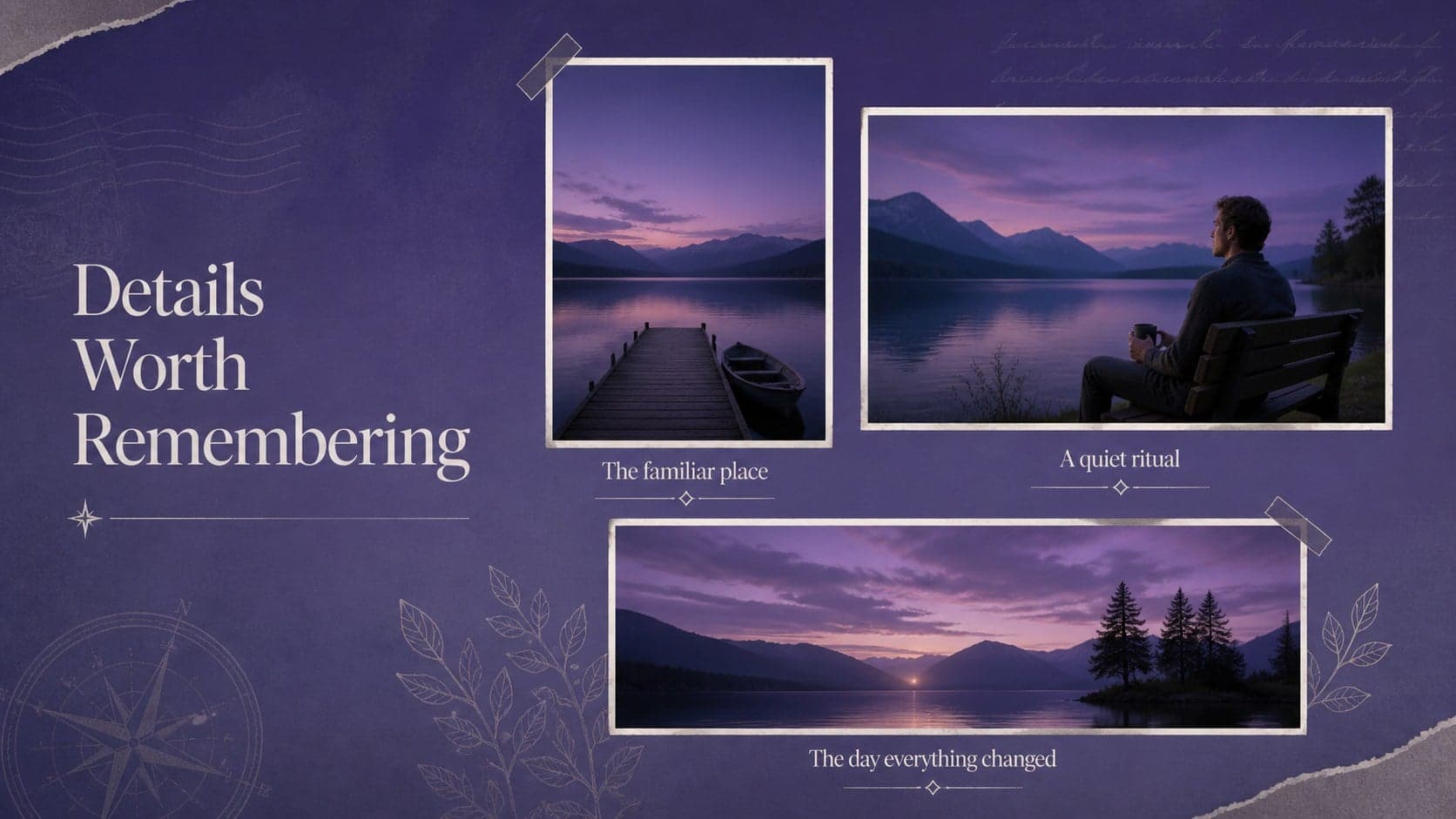 Three-image memory gallery showing places and details in a vintage photography portfolio layout.