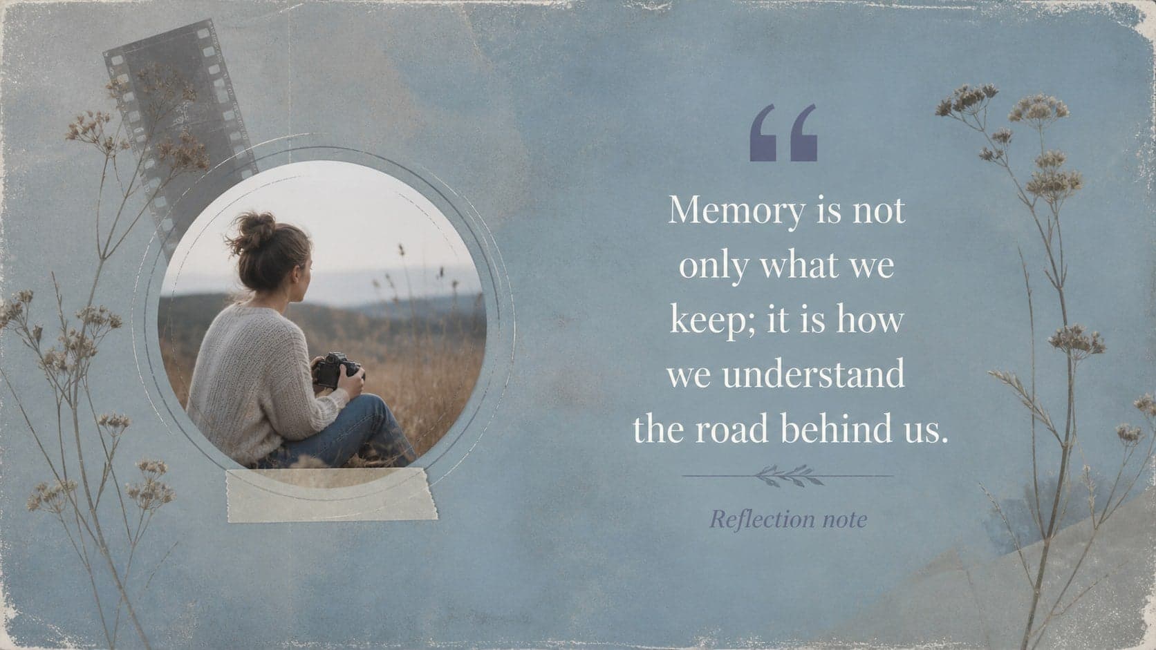 Reflective quotation slide with an image-led layout and warm nostalgic styling.