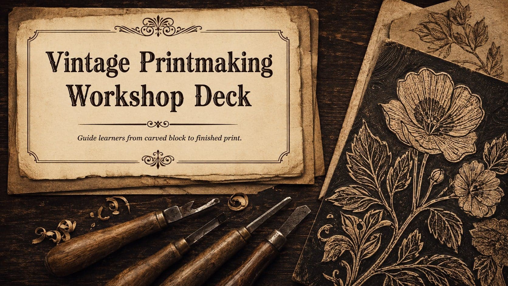 Cover of a vintage printmaking workshop deck with engraved tools, woodgrain details and an aged beige background.