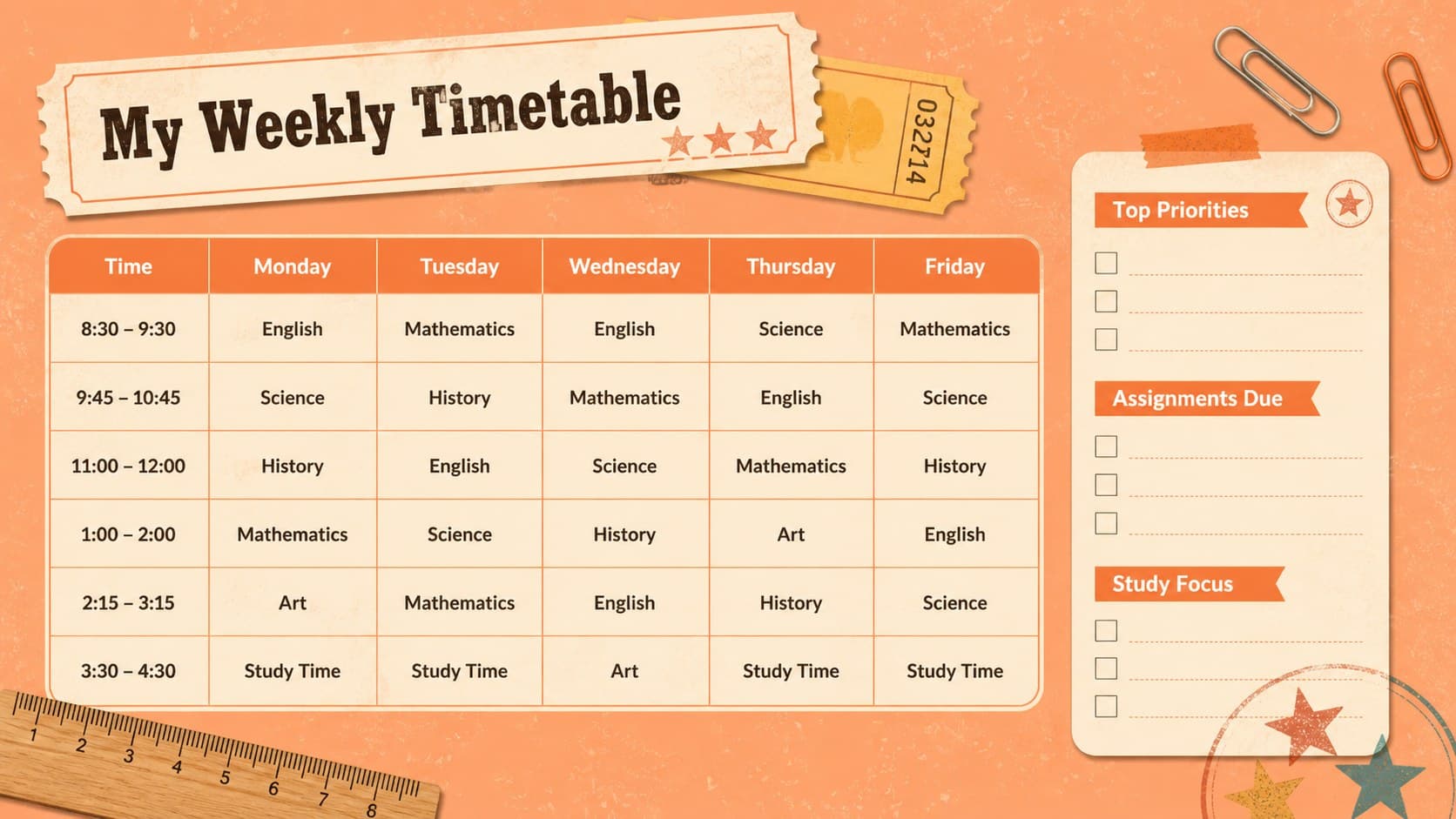 Editable weekly school timetable with orange subject blocks, time rows, and retro paper details.