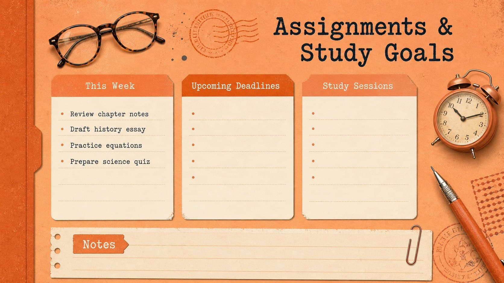Vintage academic planner slide for tracking assignments, study goals, deadlines, and weekly notes.