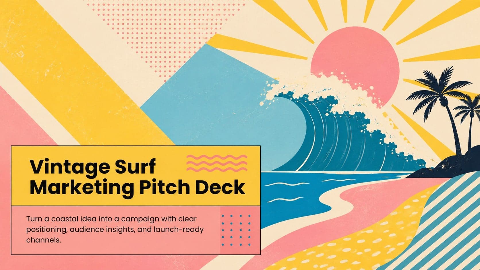 Cover of a vintage surf marketing pitch deck with colorful retro wave graphics and bold campaign typography.