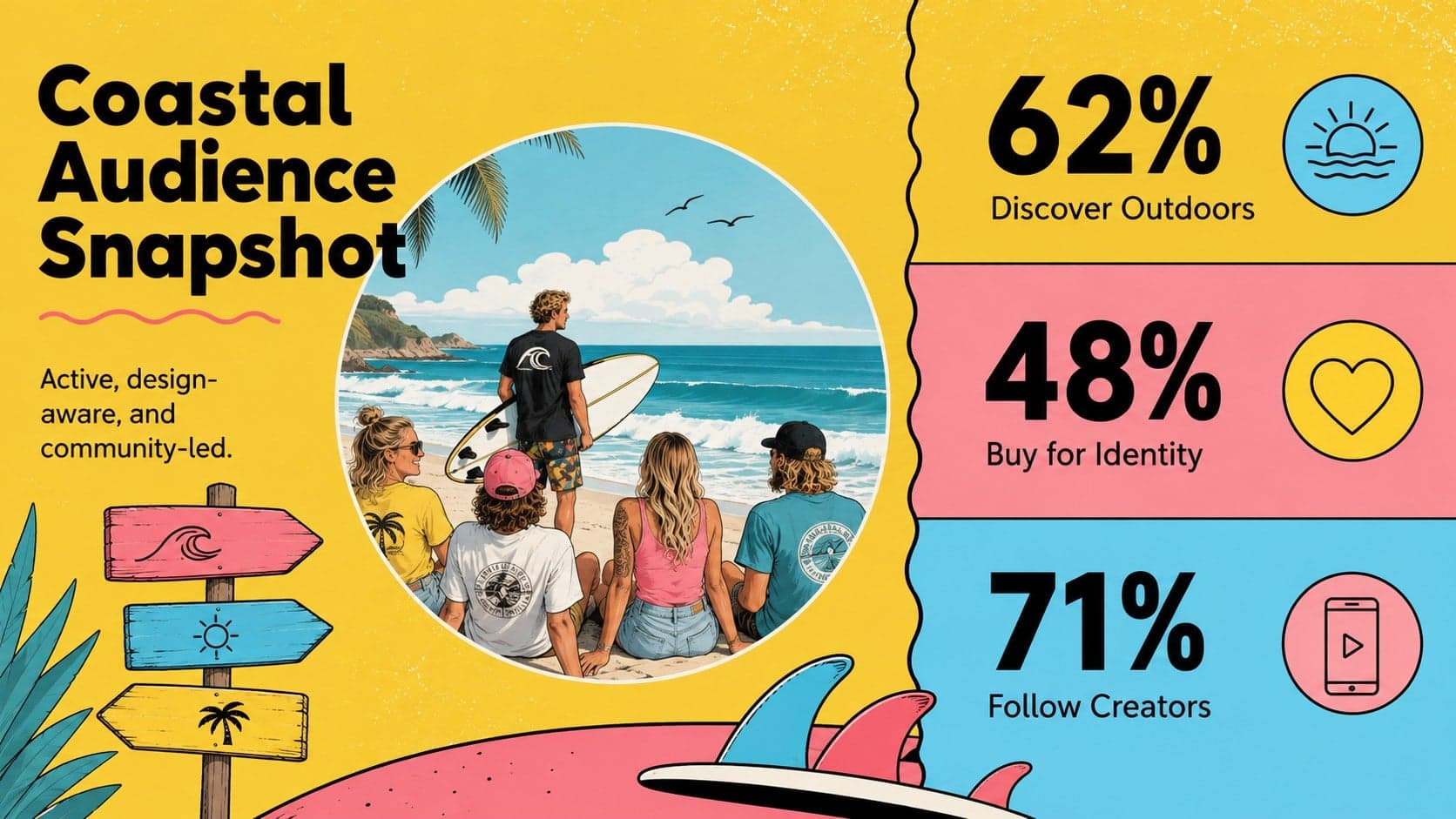 Surf brand audience snapshot slide with demographic statistics and coastal lifestyle interests.