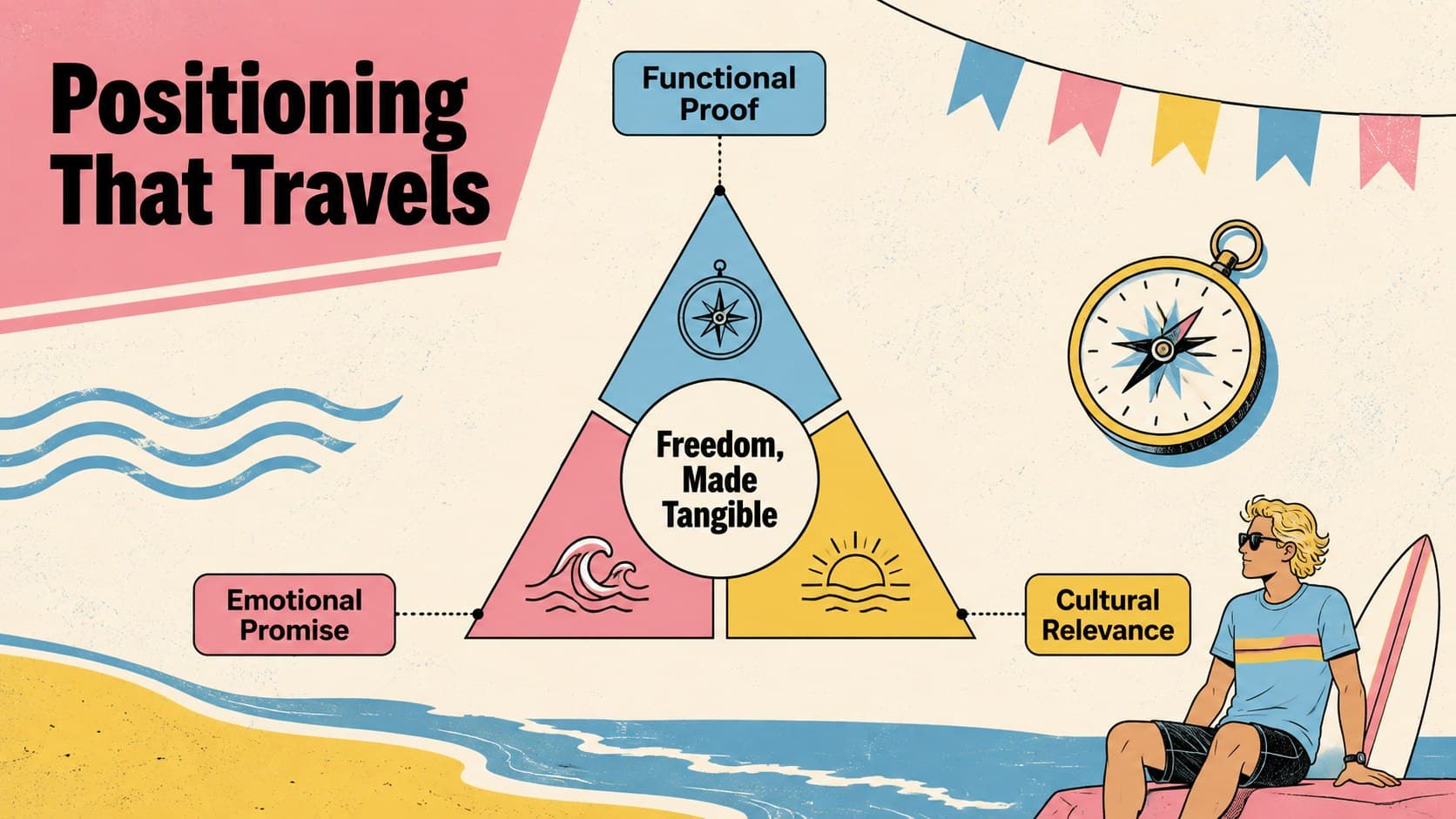 Surf lifestyle brand positioning slide comparing functional proof, emotional promise, and cultural relevance.