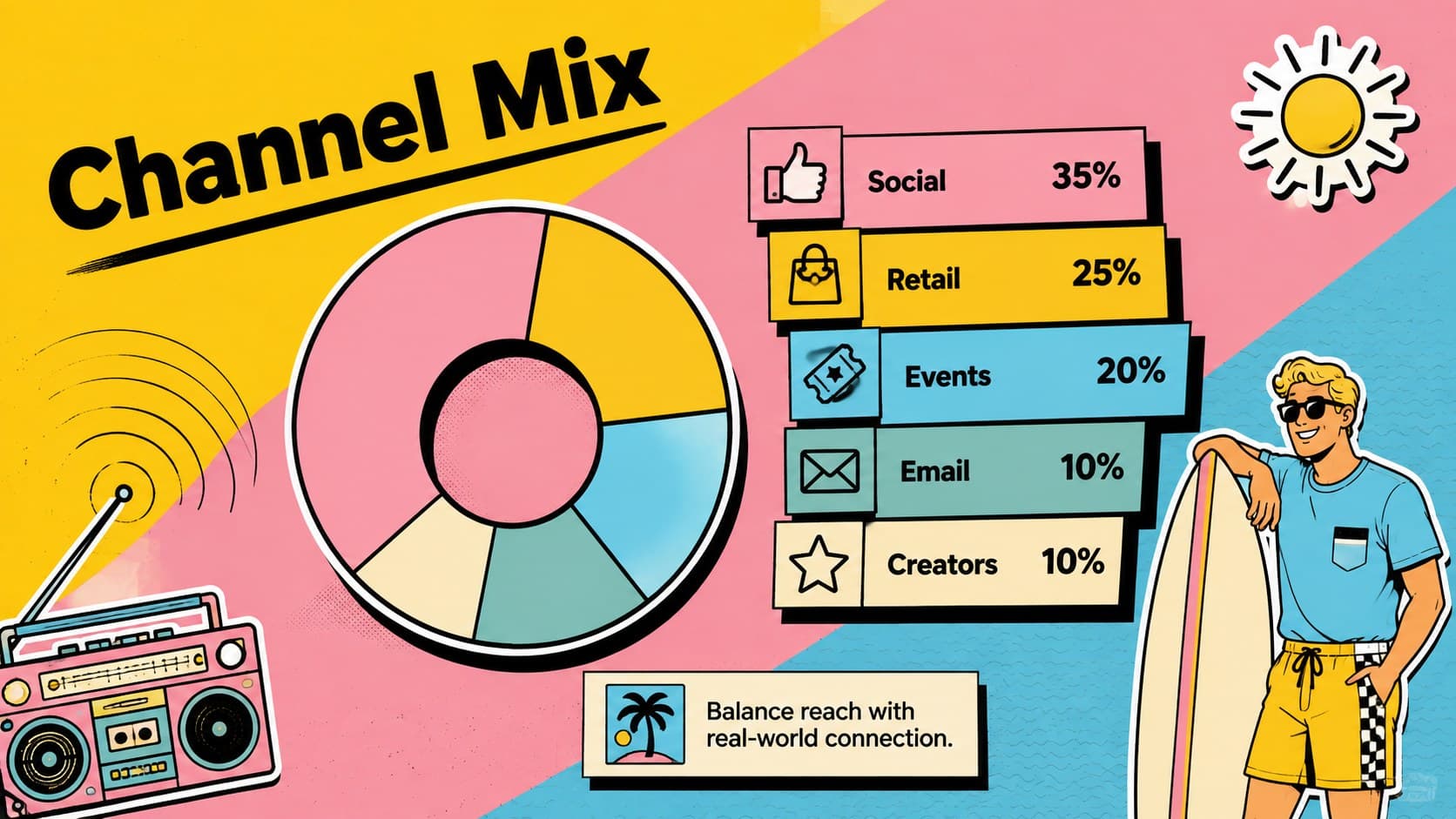 Retro surfing channel mix slide showing social, retail, events, email, and creator marketing allocations.