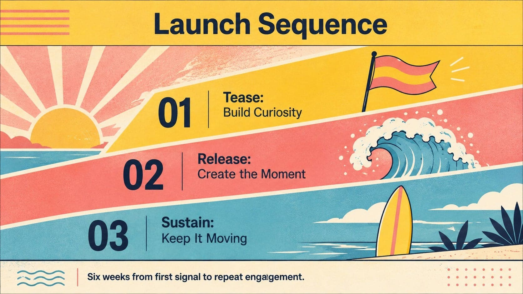 Beachwear product launch slide mapping teaser, release, and momentum campaign phases.