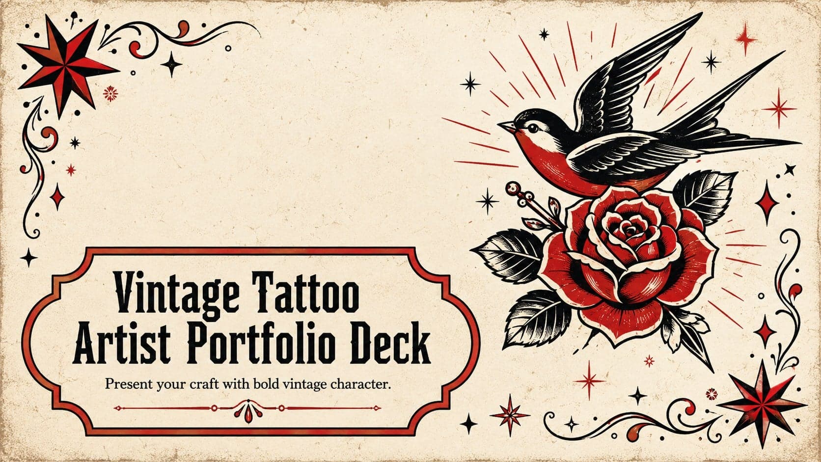 Cover of a vintage tattoo artist portfolio deck with red traditional flash illustrations and bold display lettering.