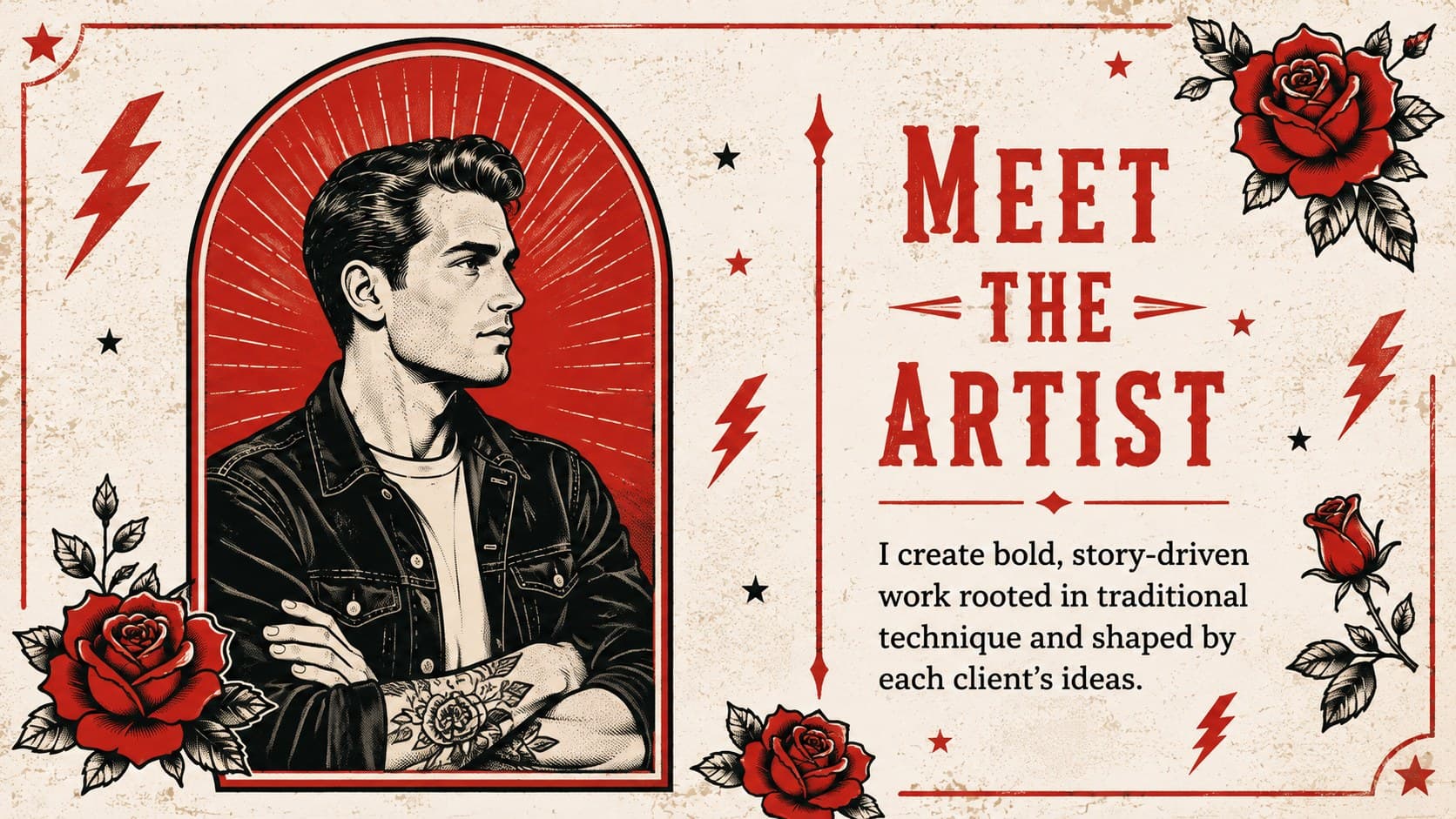 Artist introduction layout from a tattoo studio portfolio with a portrait frame and concise professional biography.