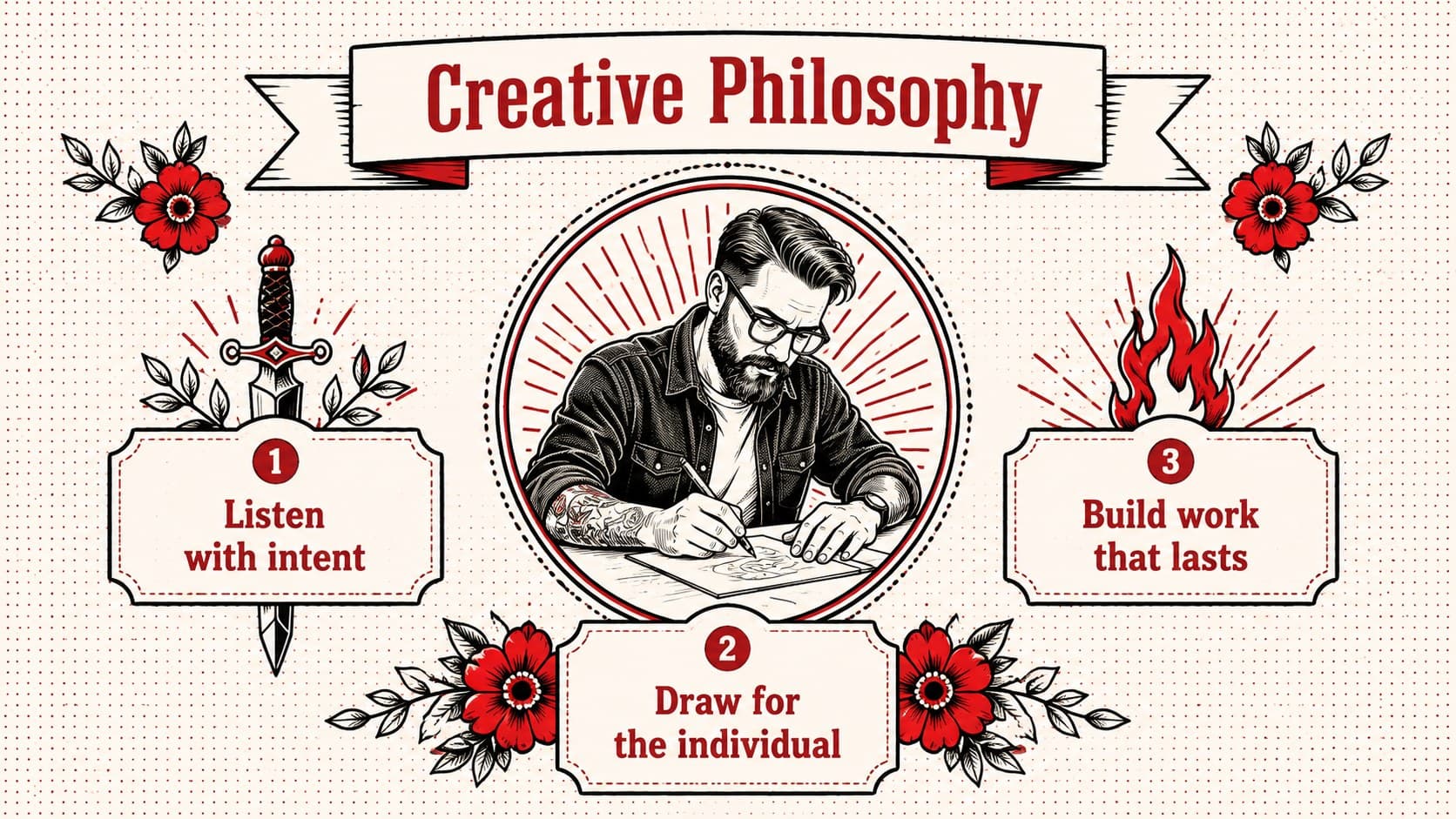 Creative philosophy slide featuring three principles in a red-and-white vintage tattoo portfolio design.
