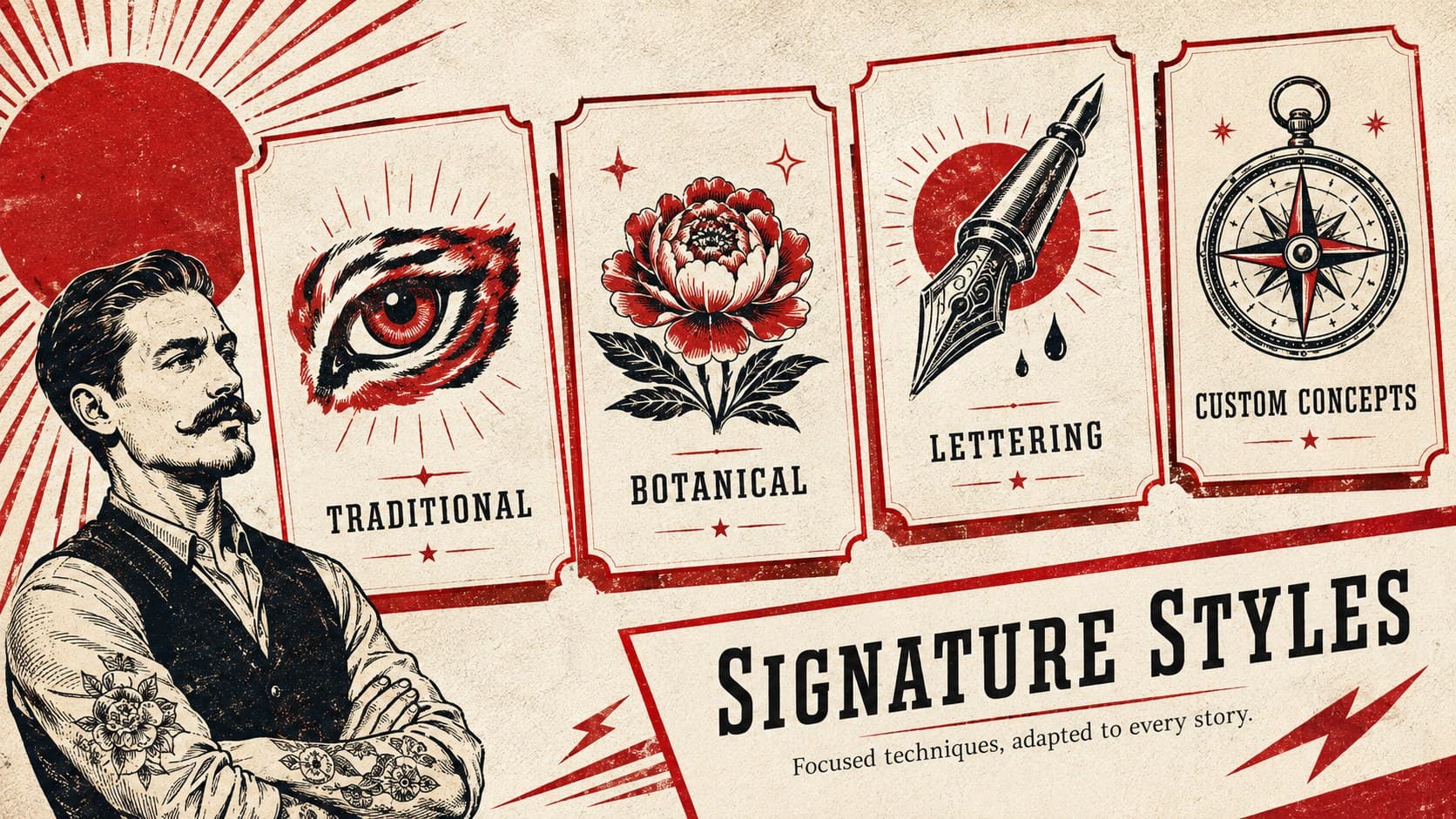 Tattoo specialties overview showing traditional, botanical, lettering, and custom design categories.