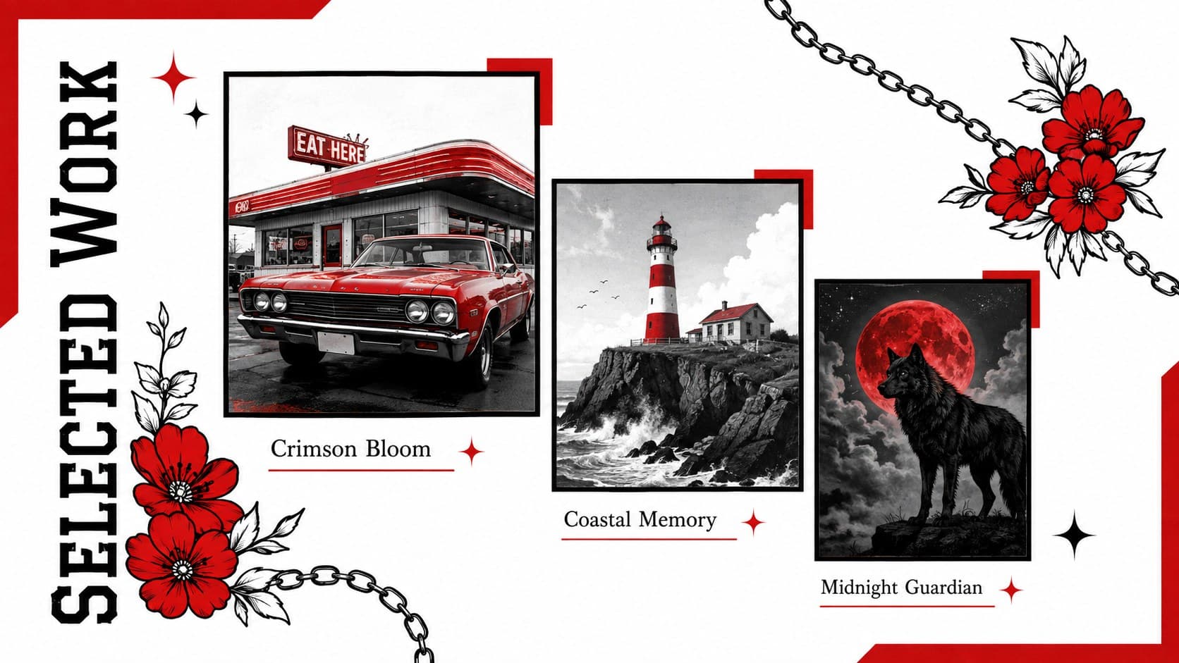 Selected tattoo work gallery with three framed project photographs in an old school portfolio presentation.