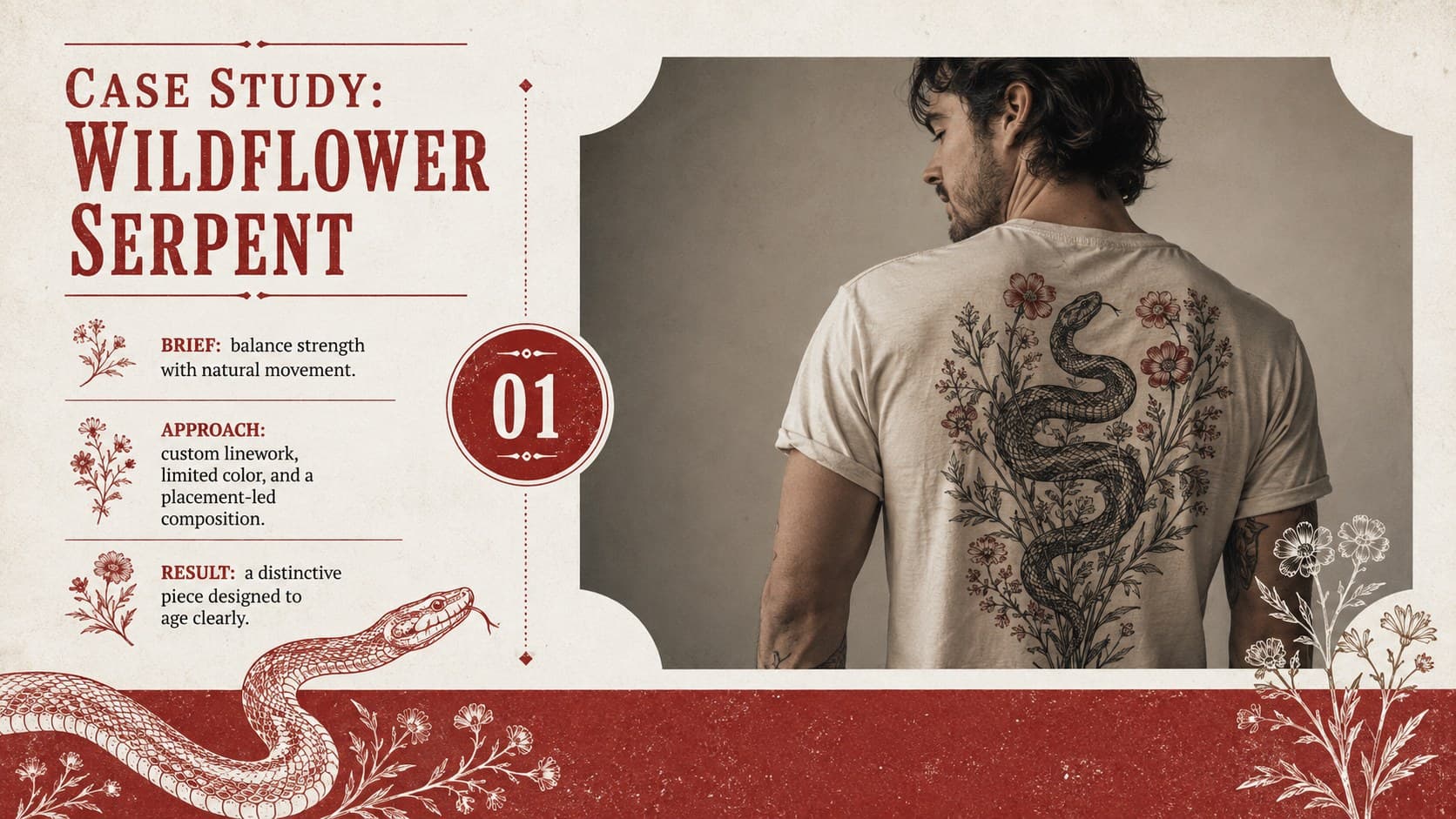 Tattoo project case study slide combining a large artwork image with brief concept and technique notes.