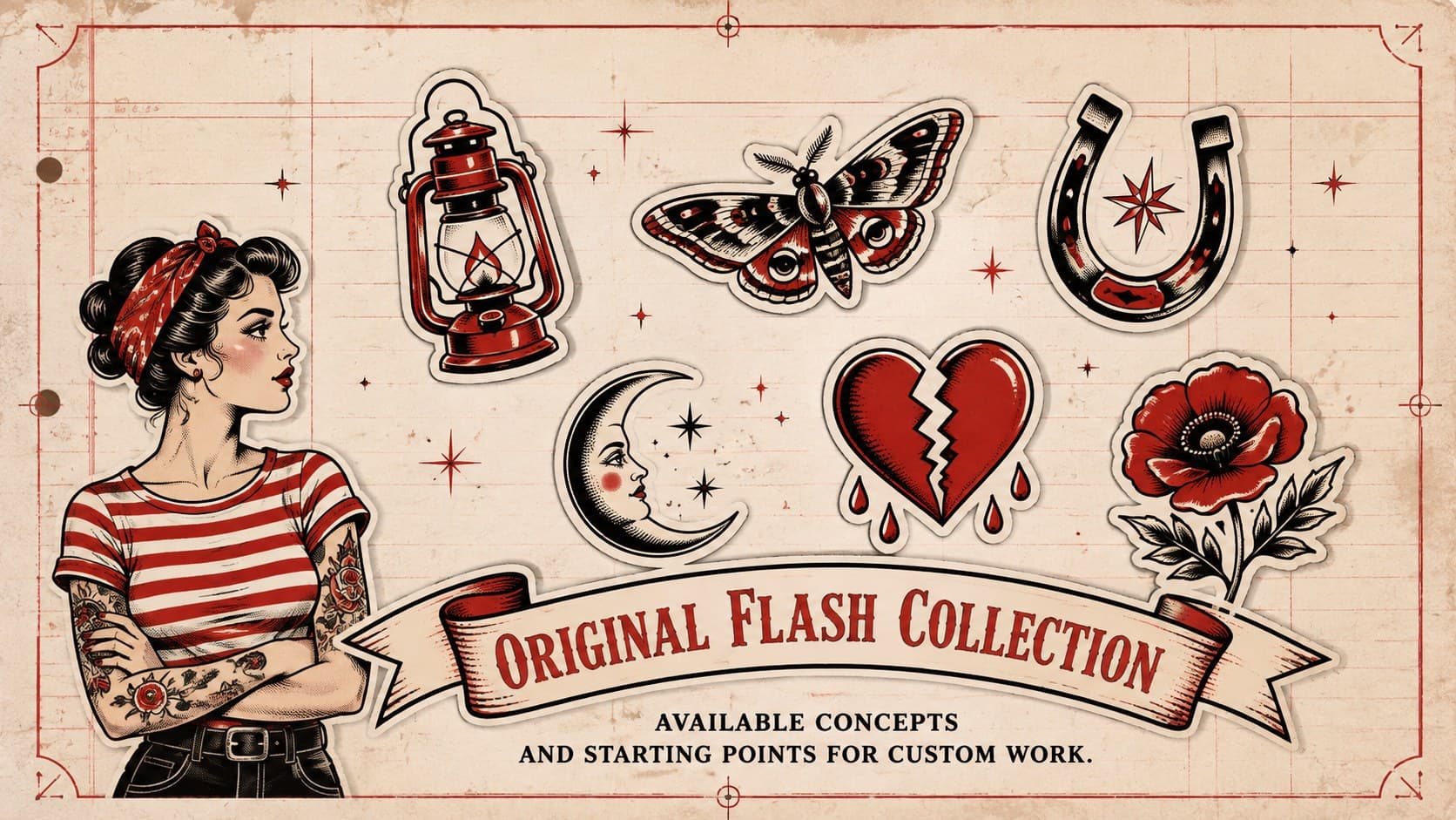 Traditional tattoo flash presentation page displaying original rose, bird, heart, and moon concepts.
