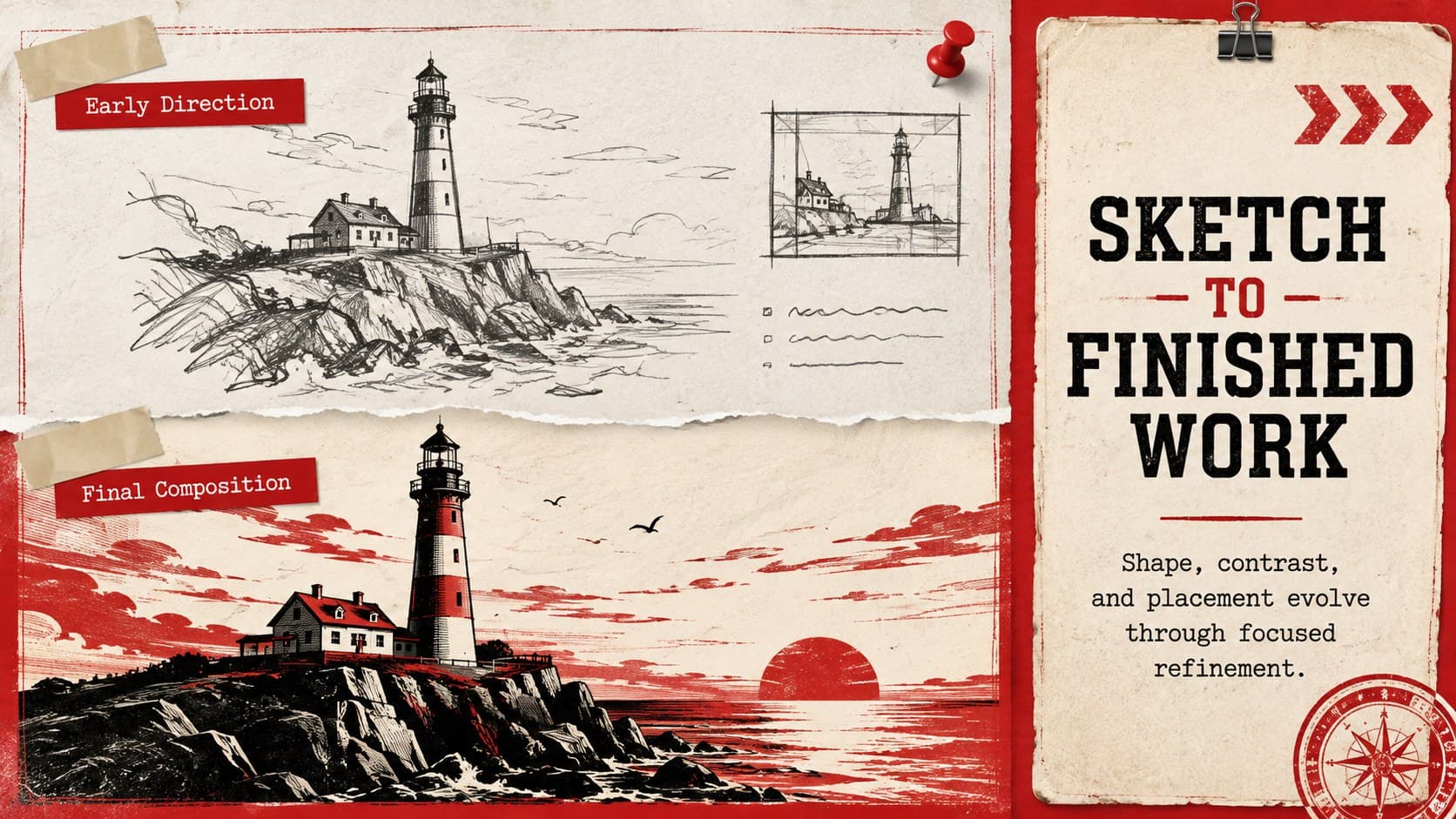 Sketch-to-finished-work comparison page in a red and white creative portfolio slide layout.