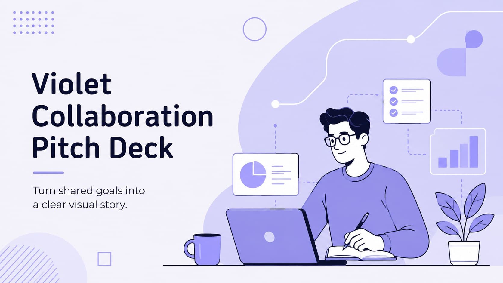 Cover of the Violet Collaboration Pitch Deck with modern teamwork illustration and purple geometric accents.