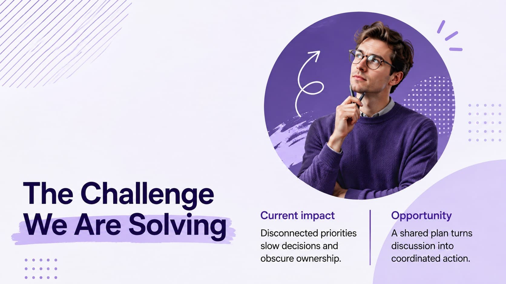 Purple project planning slide defining the challenge, impact, and opportunity for a collaborative team.
