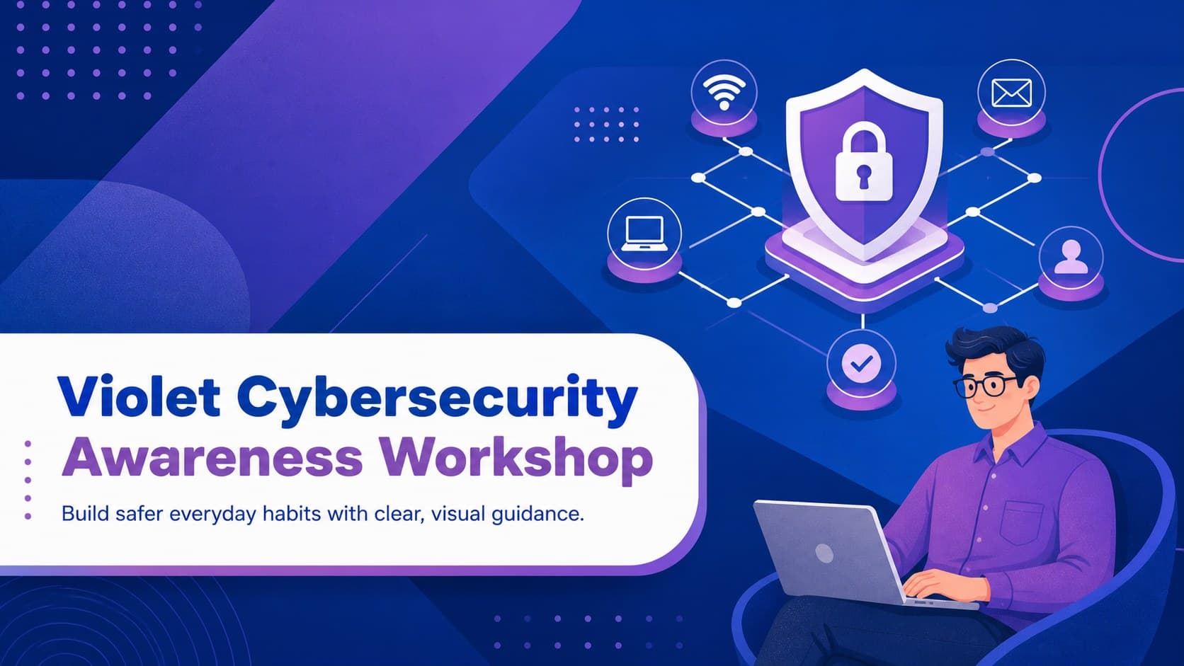 Cover for a Violet Cybersecurity Awareness Workshop with blue and violet security illustrations.