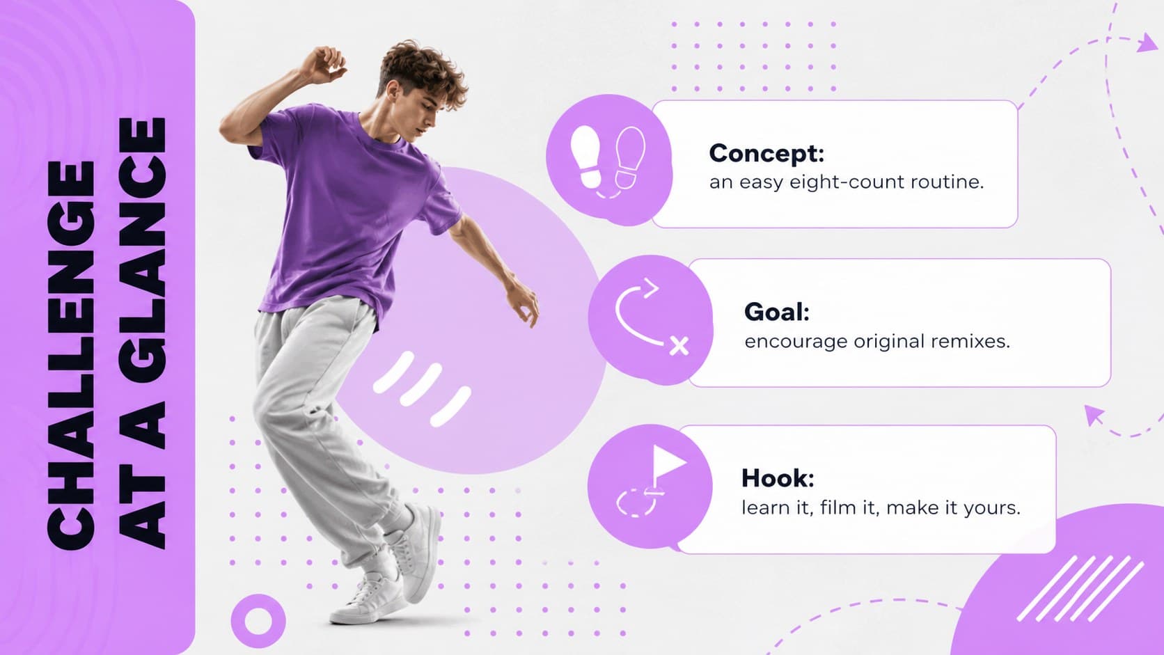Dance challenge campaign overview slide outlining the concept, goal, and participation hook.