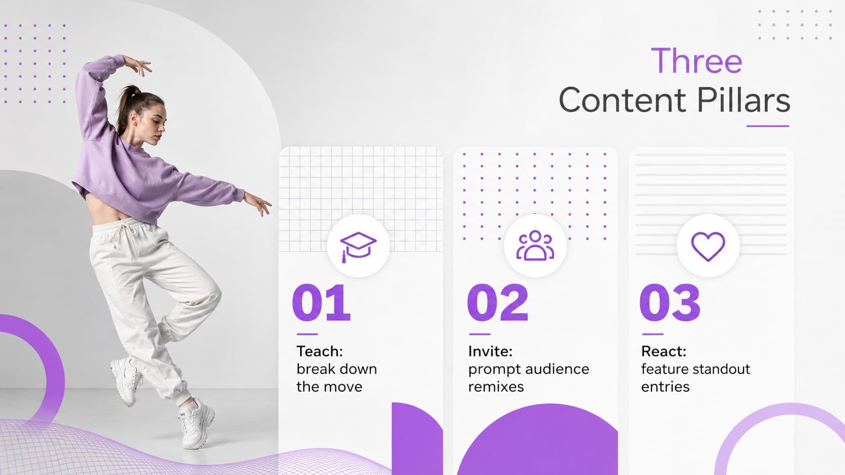 Social media dance campaign template slide showing three distinct content pillars.