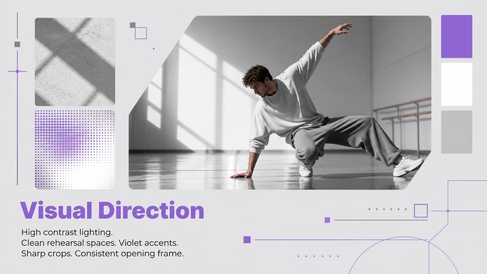 Visual direction moodboard slide for a violet and gray short-form dance video series.