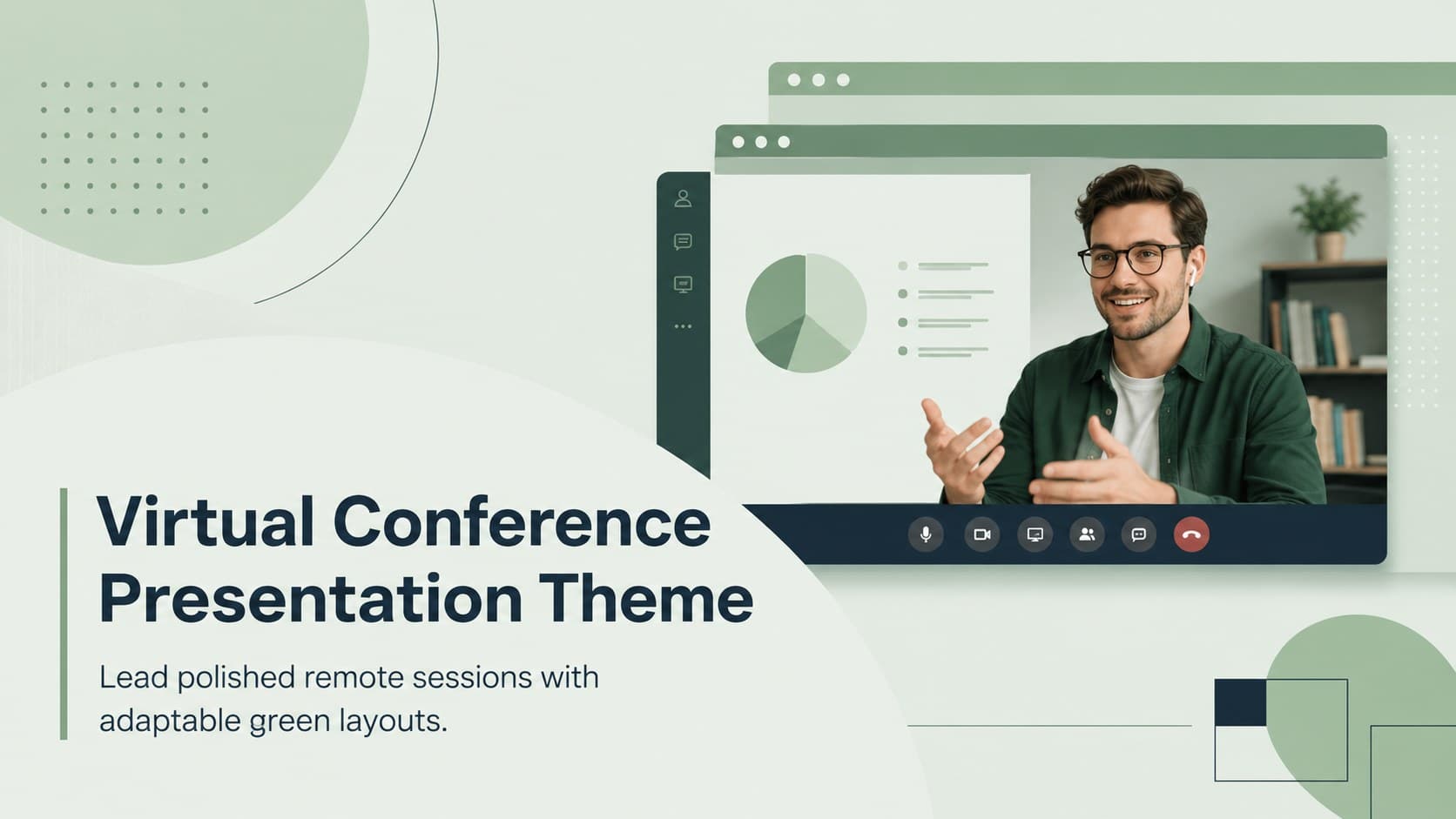 Cover of a Virtual Conference Presentation Theme with modern green geometric accents and a clean event title.