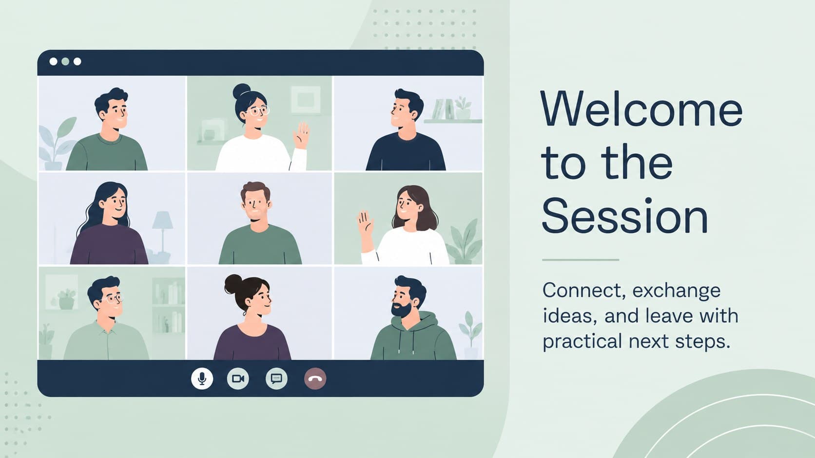 Green virtual event welcome slide introducing a focused and collaborative conference session.